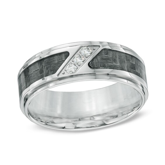 Previously Owned - 1/10 CT. T.w. Diamond Three Stone Grey Carbon Fiber Comfort Fit Stainless Steel Wedding Band