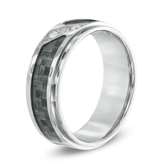 Previously Owned - 1/10 CT. T.w. Diamond Three Stone Grey Carbon Fiber Comfort Fit Stainless Steel Wedding Band