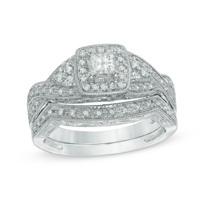Main Image 1 of Previously Owned - 1/2 CT. T.W. Princess-Cut Diamond Frame Twist Vintage-Style Bridal Set in 14K White Gold
