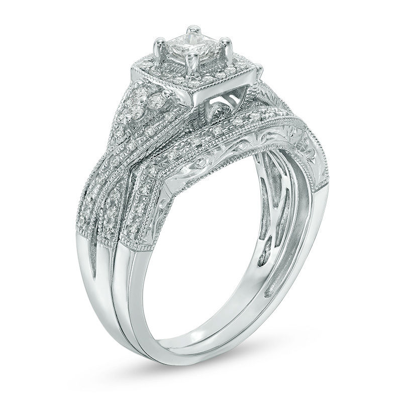 Main Image 2 of Previously Owned - 1/2 CT. T.W. Princess-Cut Diamond Frame Twist Vintage-Style Bridal Set in 14K White Gold