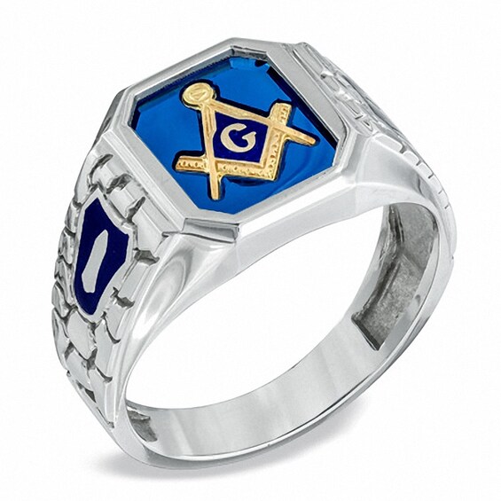 Previously Owned - Lab-Created Blue Sapphire and Enamel Comfort Fit Masonic Ring in Sterling Silver