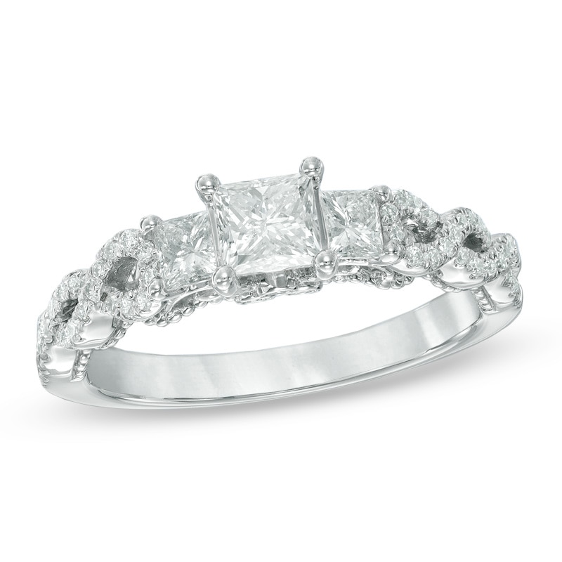 Main Image 1 of Previously Owned - 1 CT. T.W. Princess-Cut Diamond Past Present Future® Twist Ring in 14K White Gold