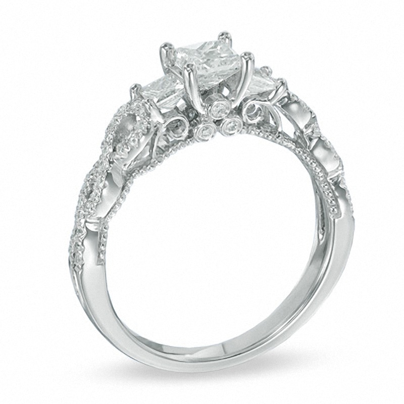 Main Image 2 of Previously Owned - 1 CT. T.W. Princess-Cut Diamond Past Present Future® Twist Ring in 14K White Gold