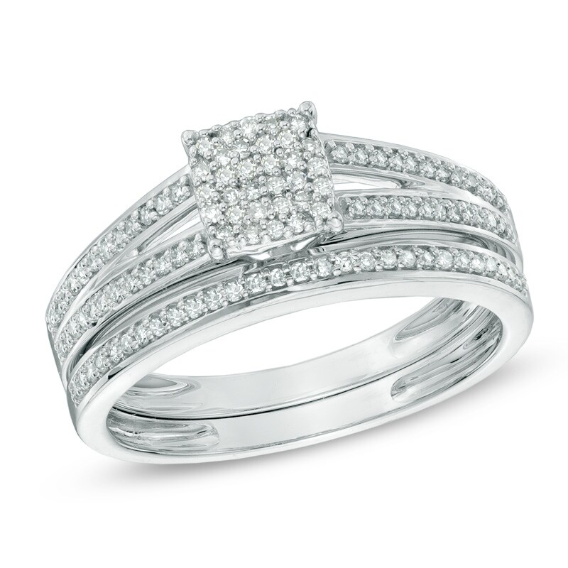 Main Image 1 of Previously Owned - 1/3 CT. T.W. Square-Shaped Multi-Diamond Bridal Set in 10K White Gold