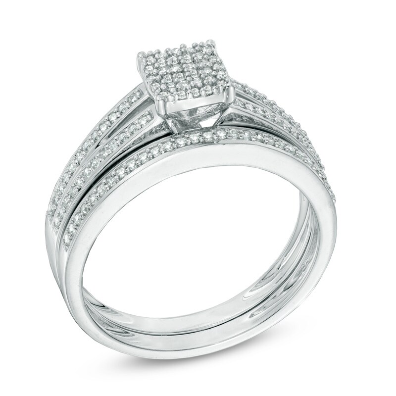 Main Image 2 of Previously Owned - 1/3 CT. T.W. Square-Shaped Multi-Diamond Bridal Set in 10K White Gold