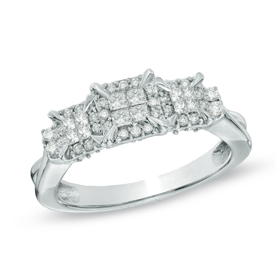 Previously Owned - 1/2 CT. T.w. Princess-Cut Quad Diamond Frame Three Stone Engagement Ring in 10K White Gold