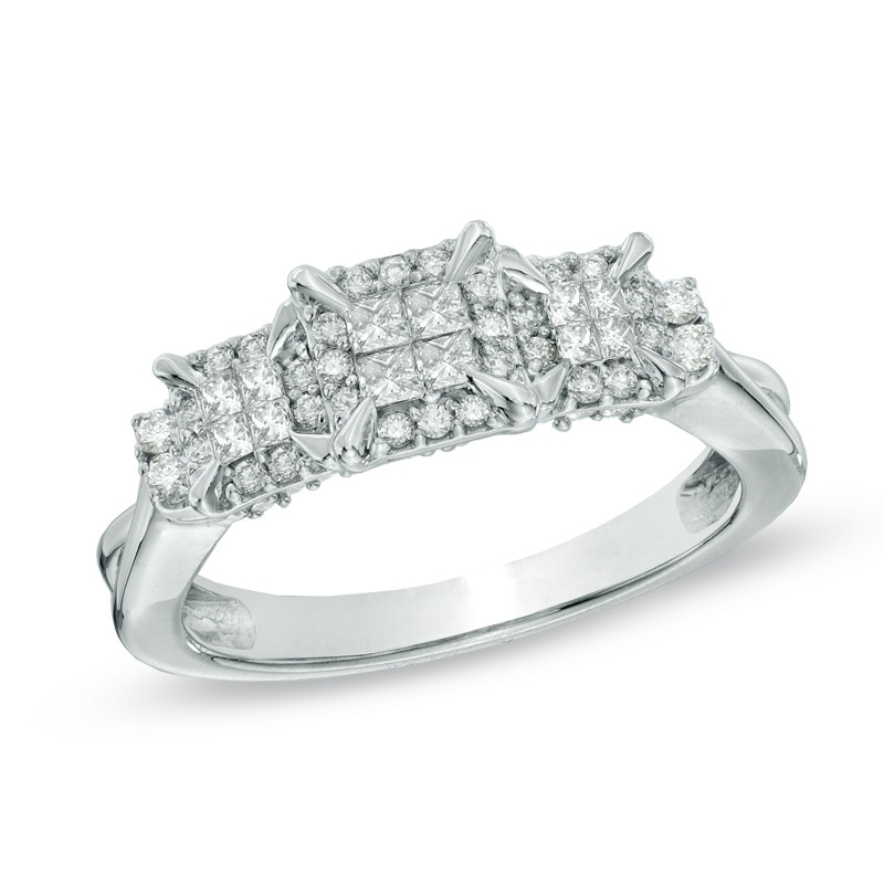 Main Image 1 of Previously Owned - 1/2 CT. T.W. Princess-Cut Quad Diamond Frame Three Stone Engagement Ring in 10K White Gold