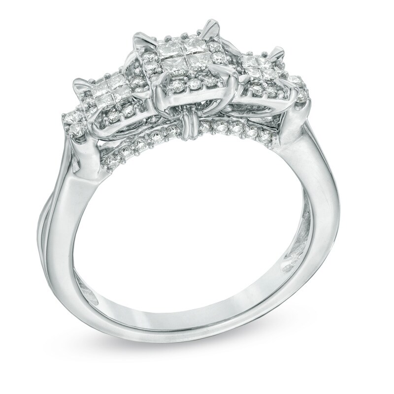 Main Image 2 of Previously Owned - 1/2 CT. T.W. Princess-Cut Quad Diamond Frame Three Stone Engagement Ring in 10K White Gold