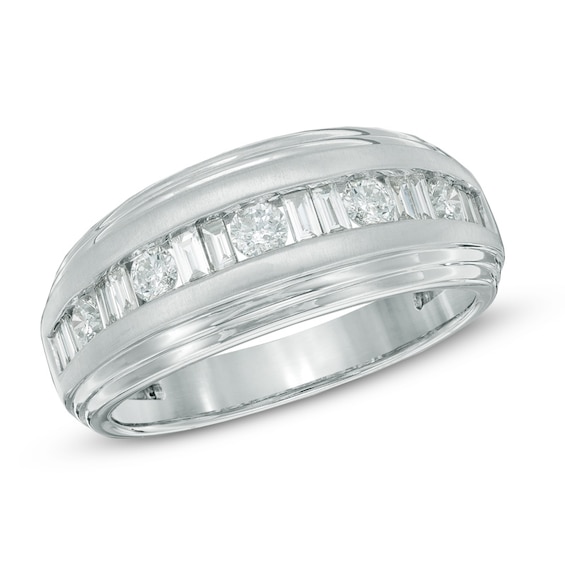 Previously Owned - 1 CT. T.w. Round and Baguette Diamond Wedding Band in 14K White Gold