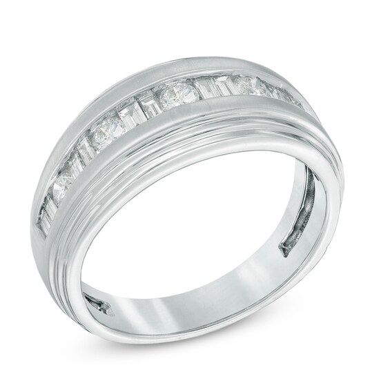 Previously Owned - 1 CT. T.w. Round and Baguette Diamond Wedding Band in 14K White Gold