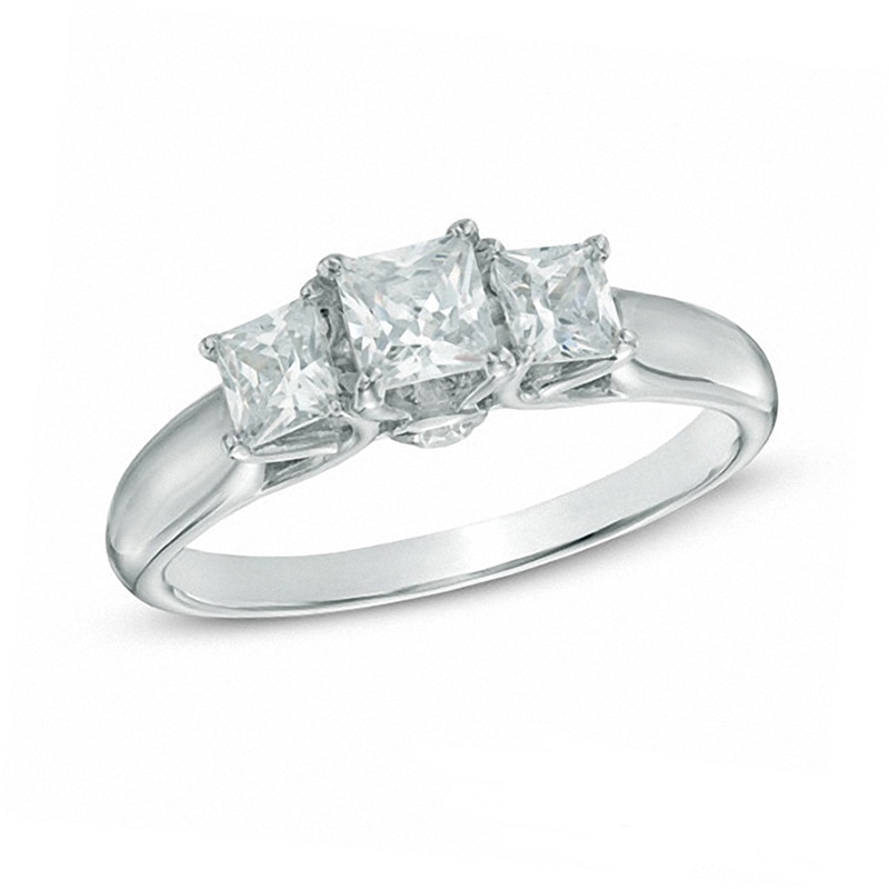 Main Image 1 of Previously Owned - 1 CT. T.W. Princess-Cut Diamond Past Present Future® Engagement Ring in 14K White Gold (I/I2)