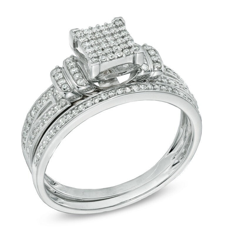Main Image 2 of Previously Owned - 1/3 CT. T.W. Diamond Square Composite Double Collar Bridal Set in 10K White Gold