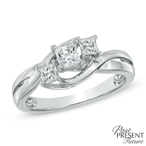 Previously Owned - 1/2 CT. T.w. Princess-Cut Diamond Three Stone Swirl Engagement Ring in 14K White Gold