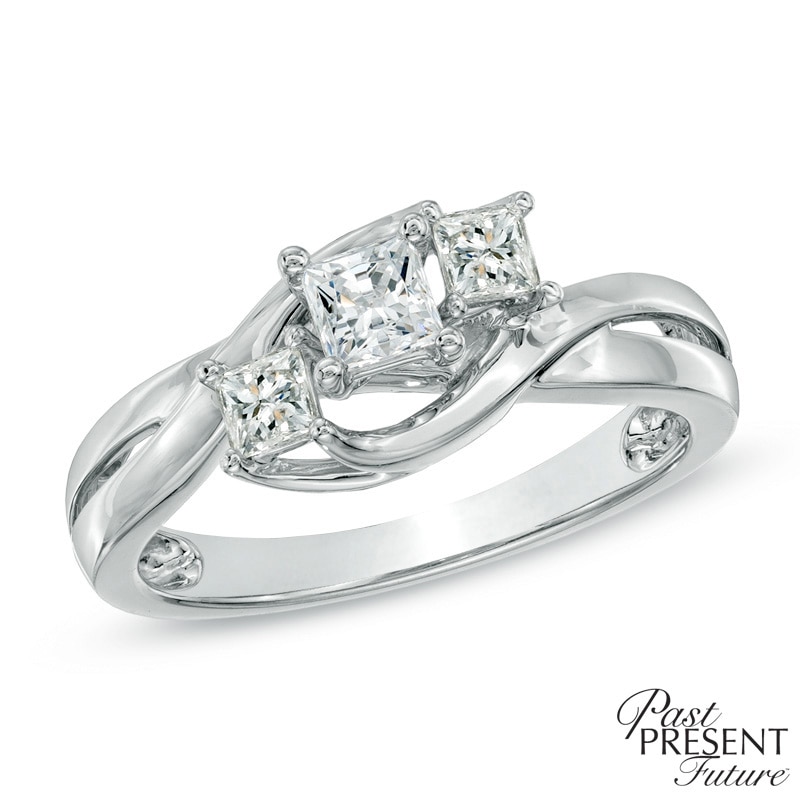 Main Image 1 of Previously Owned - 1/2 CT. T.W. Princess-Cut Diamond Three Stone Swirl Engagement Ring in 14K White Gold