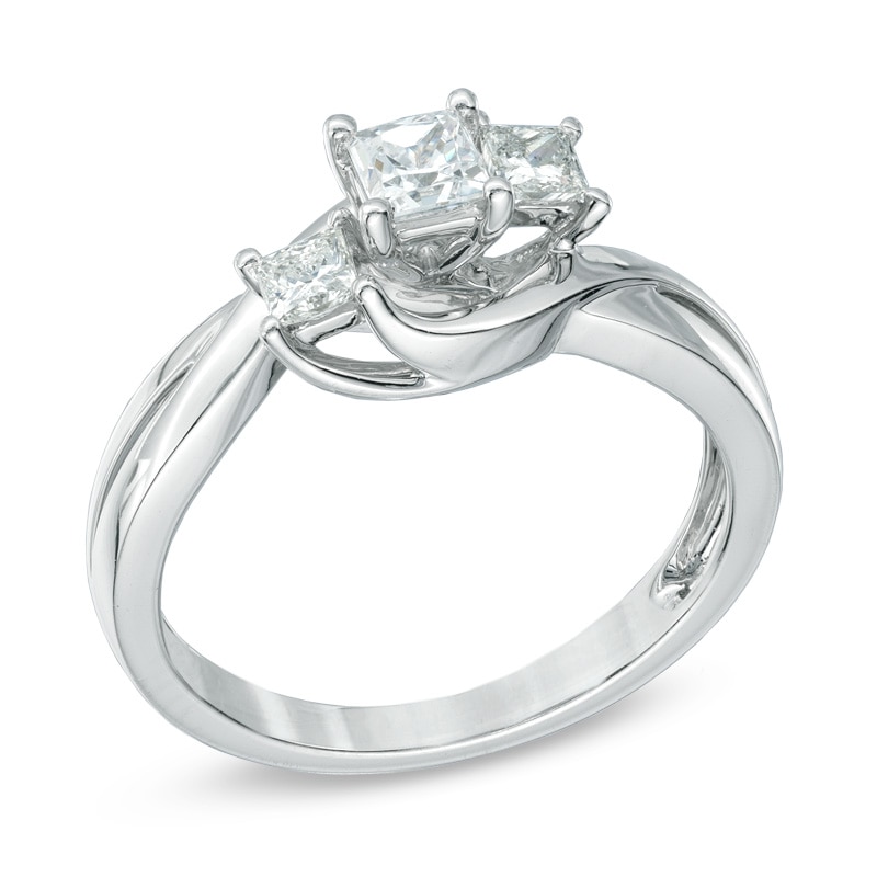 Main Image 2 of Previously Owned - 1/2 CT. T.W. Princess-Cut Diamond Three Stone Swirl Engagement Ring in 14K White Gold