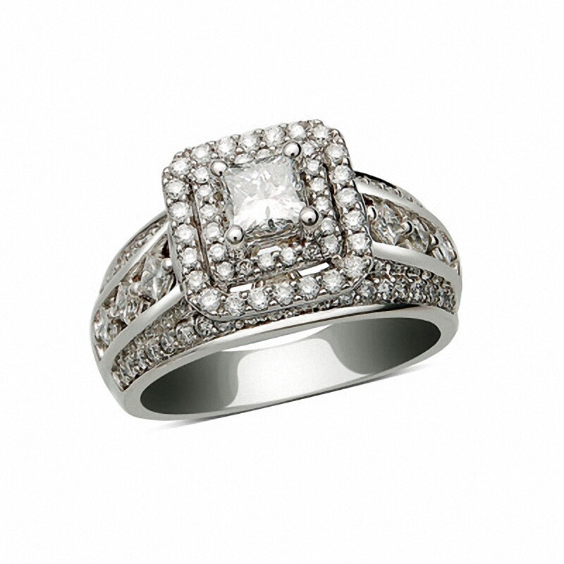 Main Image 1 of Previously Owned - 1-1/4 CT. T.W. Princess-Cut Diamond Double Frame Ring in 14K White Gold