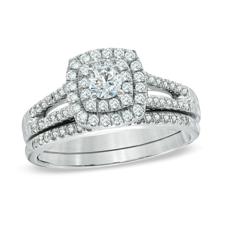 Main Image 1 of Previously Owned - 3/4 CT. T.W. Diamond Double Frame Bridal Set in 14K White Gold
