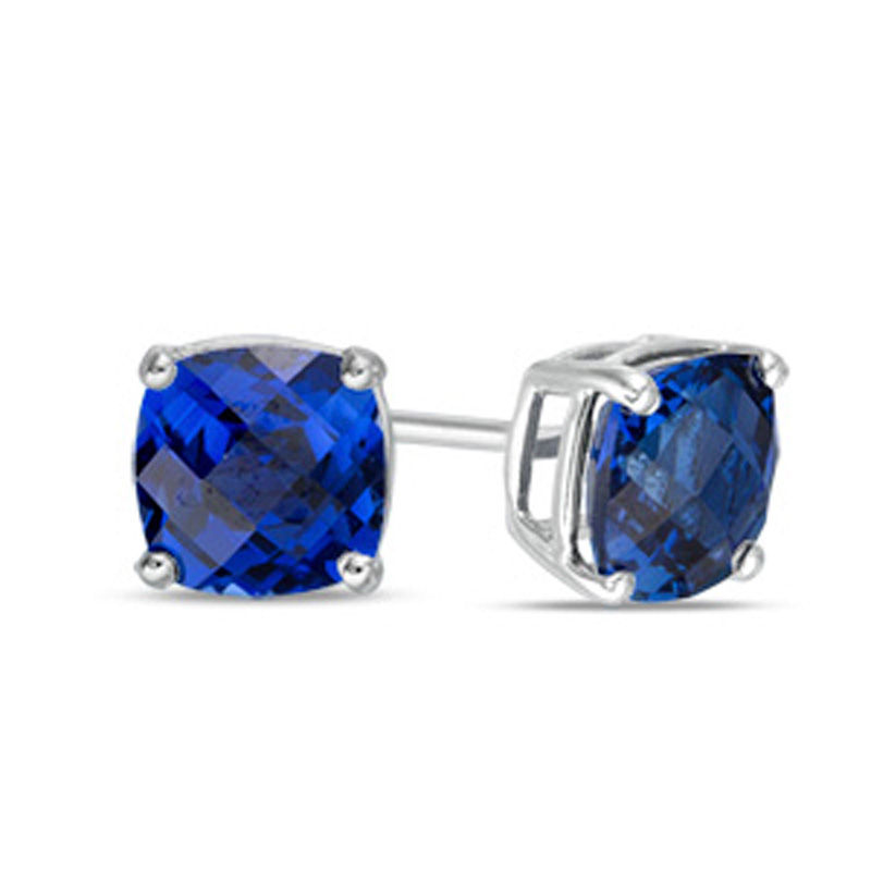 Main Image 1 of Previously Owned - 6.0mm Cushion-Cut Lab-Created Checkerboard Blue Sapphire Solitaire Stud Earrings in 10K White Gold
