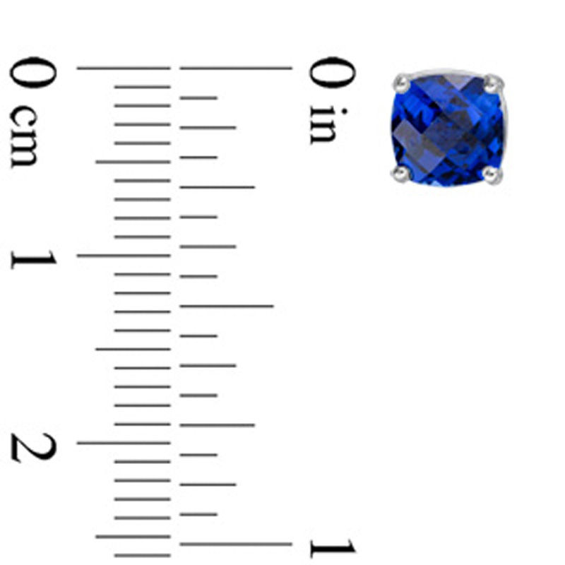 Main Image 2 of Previously Owned - 6.0mm Cushion-Cut Lab-Created Checkerboard Blue Sapphire Solitaire Stud Earrings in 10K White Gold