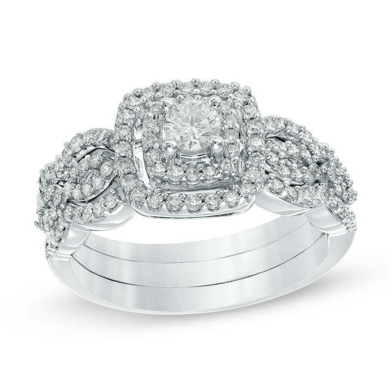 Main Image 1 of Previously Owned - 1/2 CT. T.W. Diamond Double Cushion Frame Bridal Set in 10K White Gold