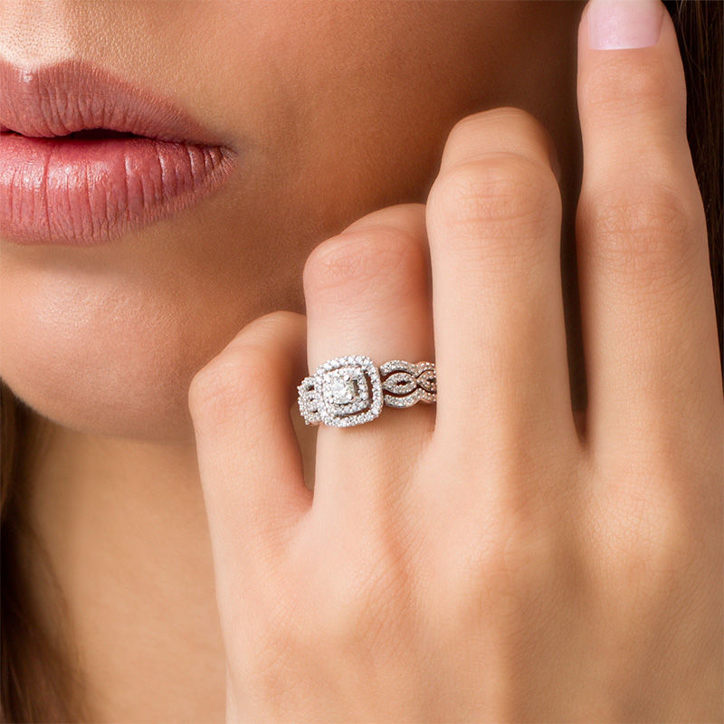 Main Image 3 of Previously Owned - 1/2 CT. T.W. Diamond Double Cushion Frame Bridal Set in 10K White Gold