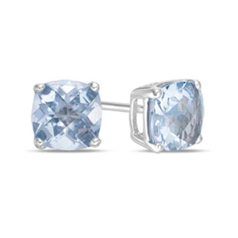 Main Image 1 of Previously Owned - 6.0mm Cushion-Cut Lab-Created Checkerboard Blue Spinel Solitaire Stud Earrings in 10K White Gold