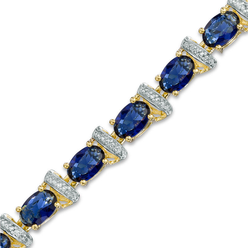 Main Image 1 of Previously Owned - Oval Lab-Created Blue Sapphire and Diamond Accent Link Bracelet in 10K Gold Vermeil - 7.25&quot;