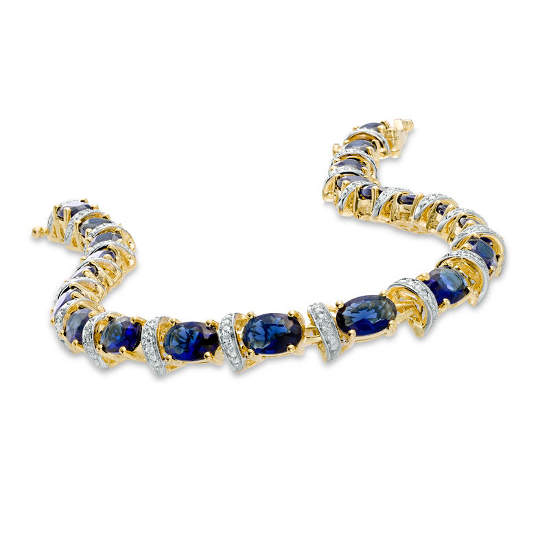 Main Image 2 of Previously Owned - Oval Lab-Created Blue Sapphire and Diamond Accent Link Bracelet in 10K Gold Vermeil - 7.25&quot;