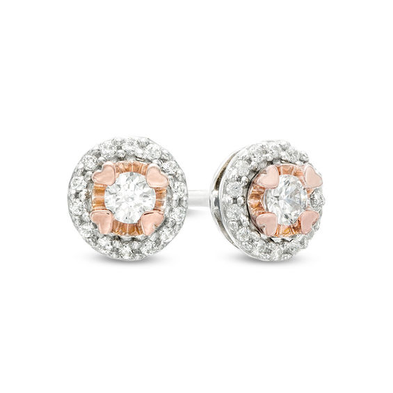 Previously Owned - 1/5 CT. T.w. Diamond Frame Heart-Shaped Prongs Stud Earrings in 10K Two-Tone Gold