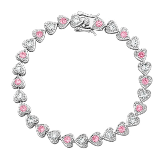 Previously Owned - Lab-Created Pink and White Sapphire Heart Link Bracelet in Sterling Silver - 7.25"