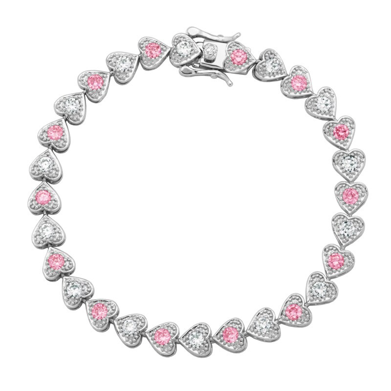 Main Image 1 of Previously Owned - Lab-Created Pink and White Sapphire Heart Link Bracelet in Sterling Silver - 7.25"