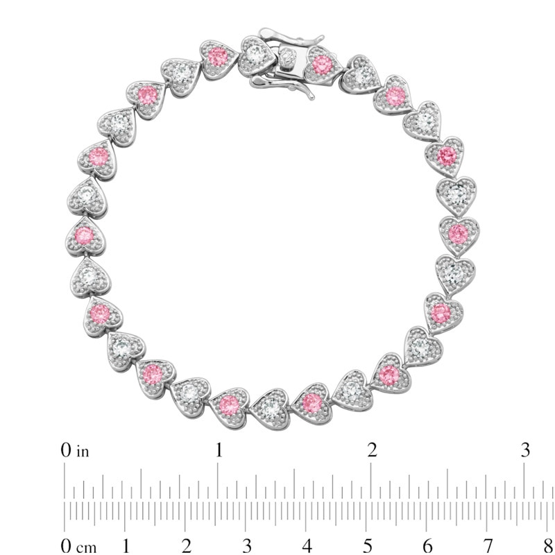 Main Image 2 of Previously Owned - Lab-Created Pink and White Sapphire Heart Link Bracelet in Sterling Silver - 7.25"