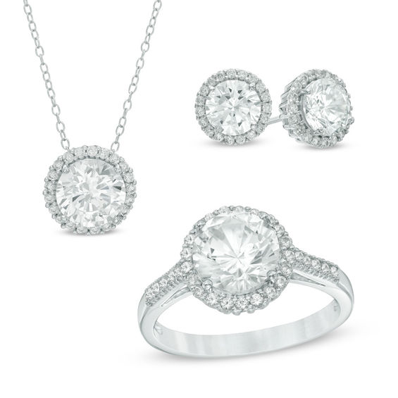 Previously Owned - Lab-Created White Sapphire Pendant, Ring and Earrings Frame Set in Sterling Silver