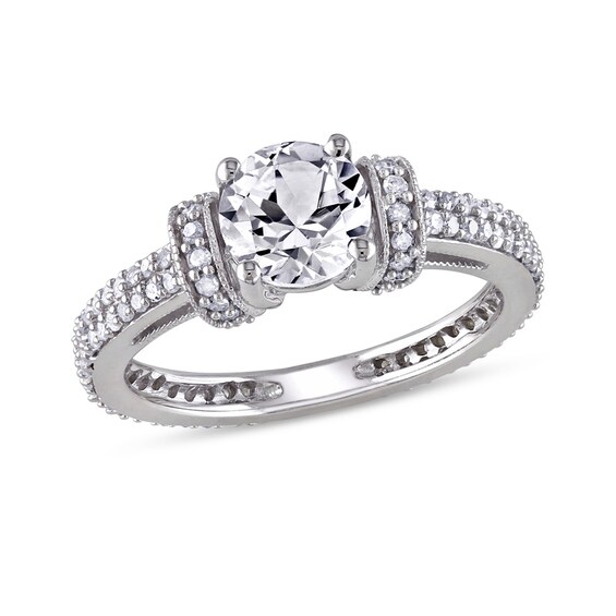 Previously Owned - 6.5mm Lab-Created White Sapphire and 1/2 CT. T.w. Diamond Engagement Ring in 10K White Gold