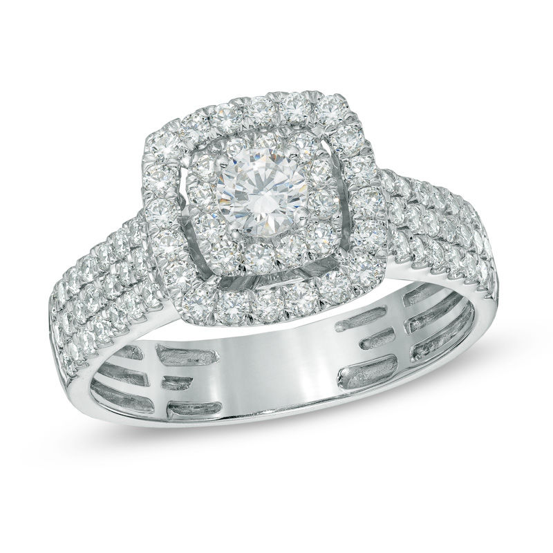 Main Image 1 of Previously Owned - 1 CT. T.W. Diamond Double Frame Triple Row Engagement Ring in 14K White Gold
