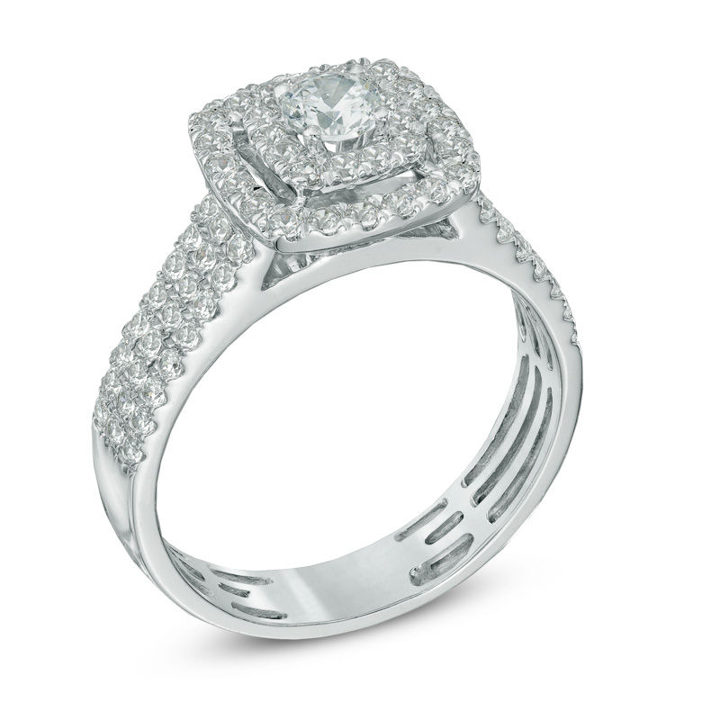 Main Image 2 of Previously Owned - 1 CT. T.W. Diamond Double Frame Triple Row Engagement Ring in 14K White Gold