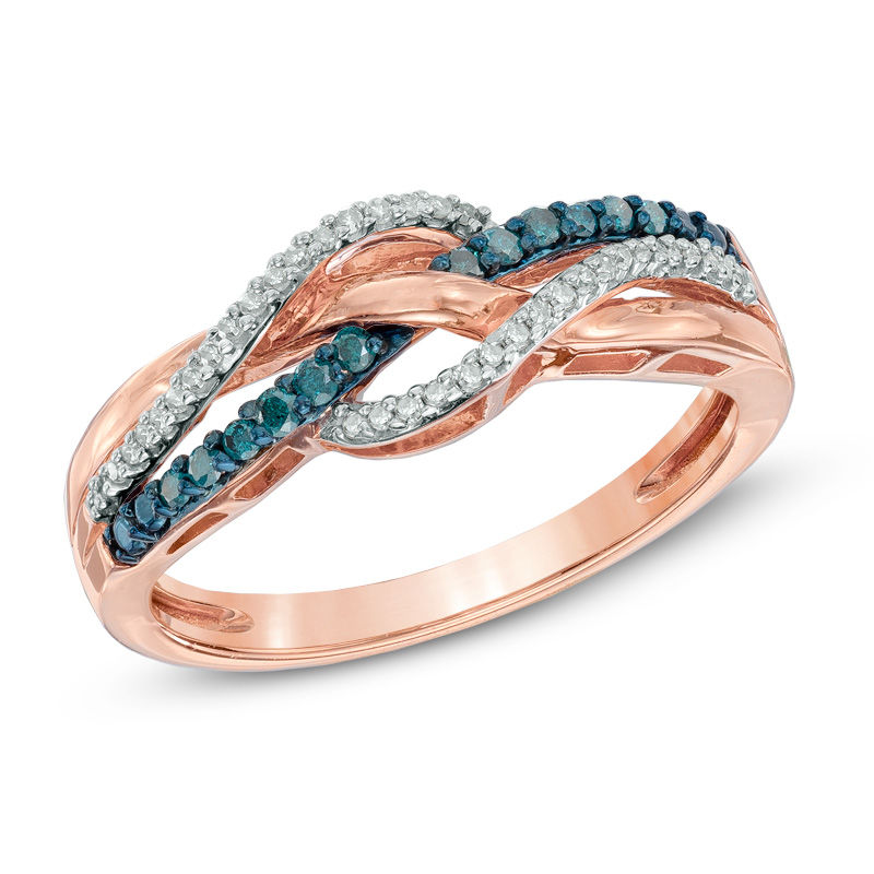 Main Image 1 of Previously Owned - 1/5 CT. T.W. Enhanced Blue and White Diamond Layered Waves Ring in 10K Rose Gold