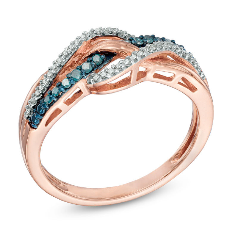 Main Image 2 of Previously Owned - 1/5 CT. T.W. Enhanced Blue and White Diamond Layered Waves Ring in 10K Rose Gold