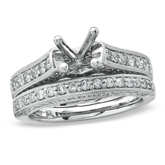 Previously Owned - 1 CT. T.w. Semi Mount Diamond Bridal Set with Prong-Set Diamonds in 14K White Gold