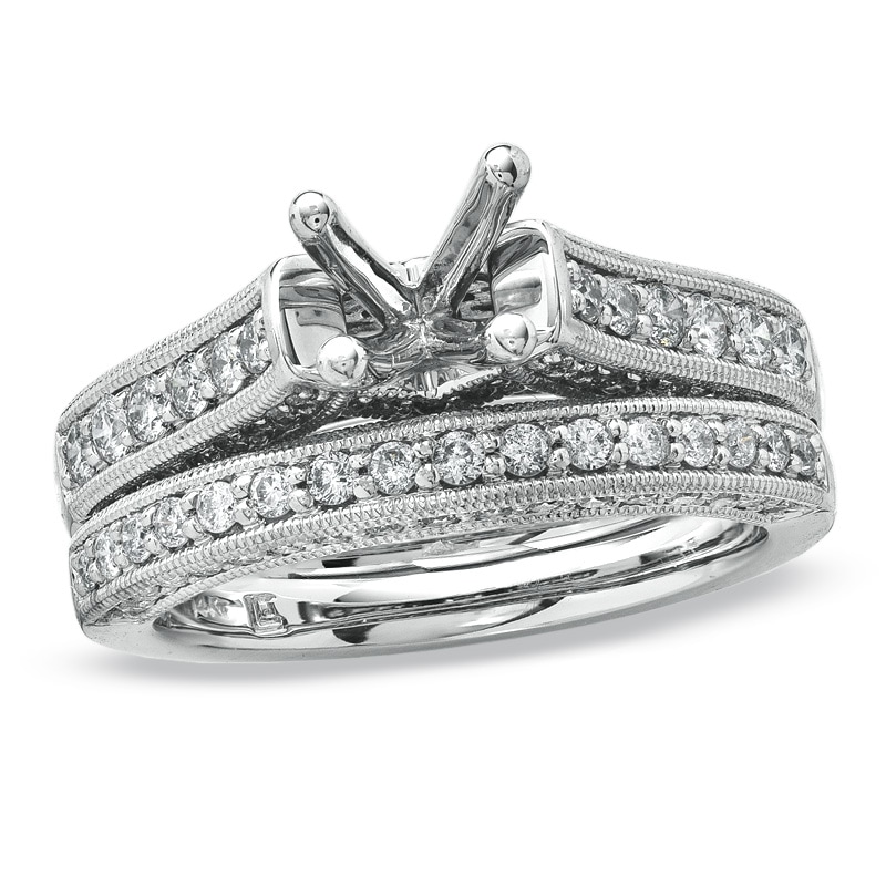 Main Image 1 of Previously Owned - 1 CT. T.W. Semi Mount Diamond Bridal Set with Prong-Set Diamonds in 14K White Gold