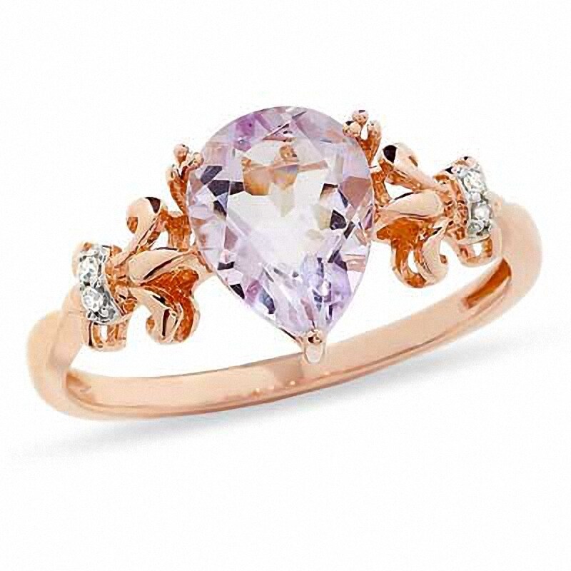 Main Image 1 of Previously Owned - Pear-Shaped Rose de France Amethyst and Diamond Accent Ring in 10K Rose Gold