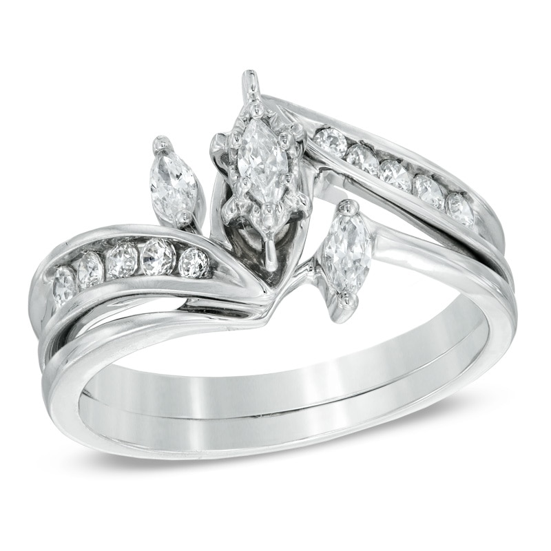 Main Image 1 of Previously Owned - 1/2 CT. T.W. Marquise Diamond Three Stone Slant Bridal Set in 10K White Gold