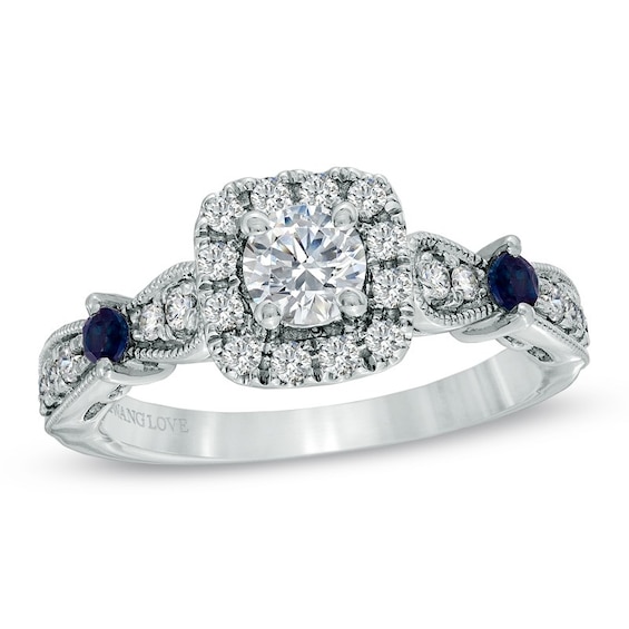 Previously Owned - Vera Wang Love Collection 3/4 CT. T.w. Diamond and Sapphire Vintage-Style Ring in 14K White Gold