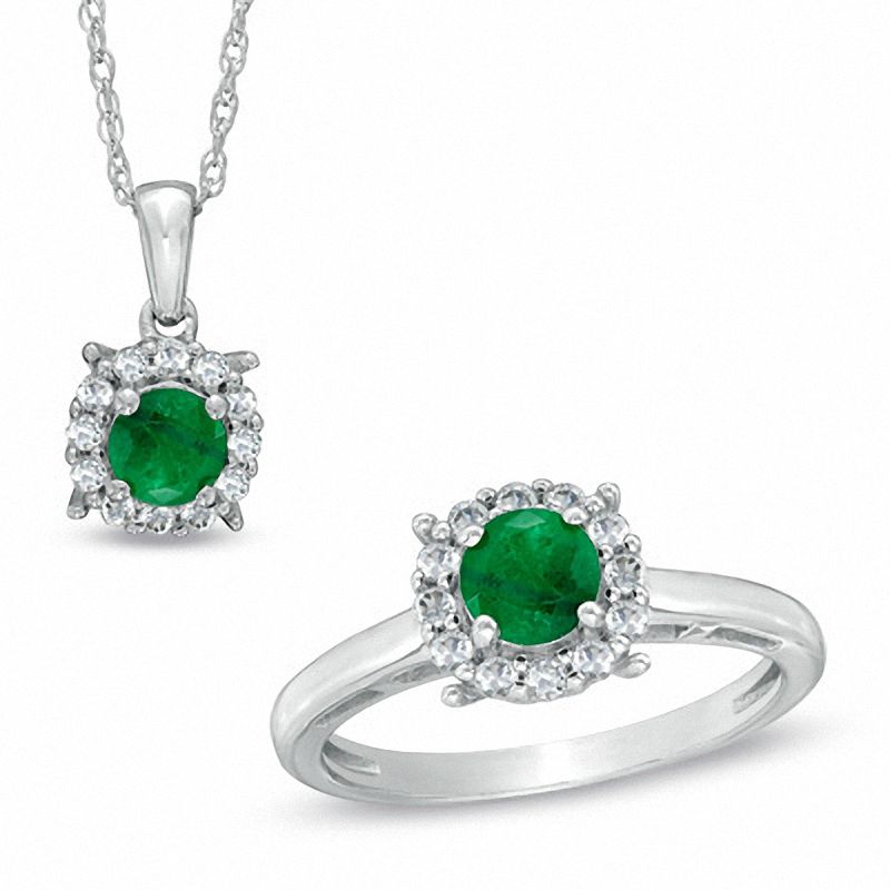 Main Image 1 of Previously Owned - 5.0mm Emerald and Lab-Created White Sapphire Frame Ring and Pendant Set in Sterling Silver