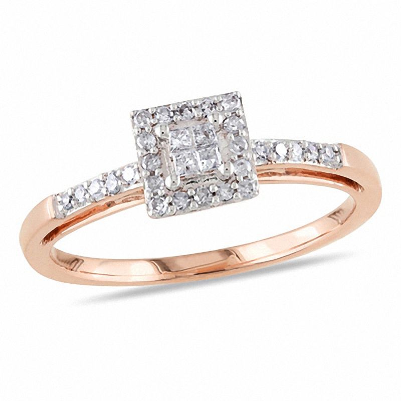 Main Image 1 of Previously Owned - 1/5 CT. T.W. Quad Princess-Cut Diamond Square Frame Engagement Ring in 10K Rose Gold