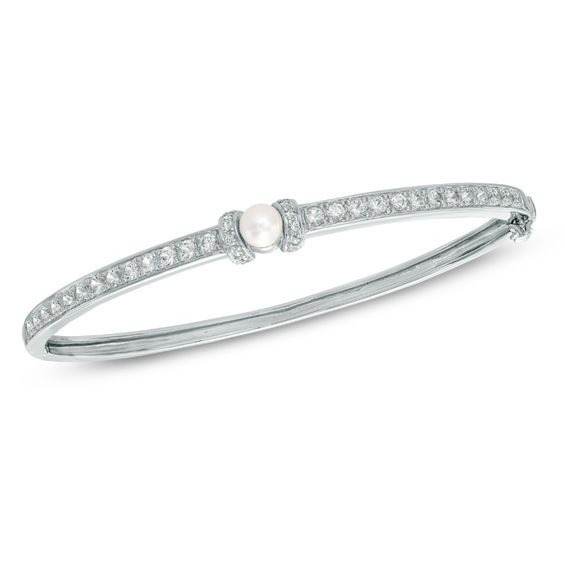 Previously Owned-5.5-6.0mm Freshwater Cultured Pearl and Lab-Created White Sapphire Bangle in Sterling Silver-7.25"
