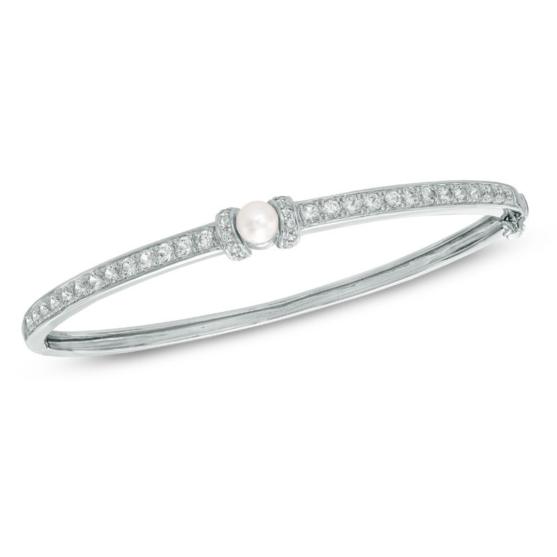 Previously Owned - 5.5 - 6.0mm Cultured Freshwater Pearl and Lab-Created White Sapphire  Bangle in Sterling Silver - 7.25"