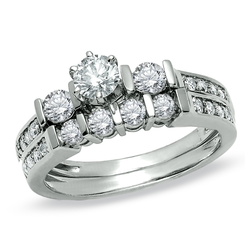 Main Image 1 of Previously Owned - 1 CT. T.W. Diamond Three Stone Bridal Set in 14K White Gold