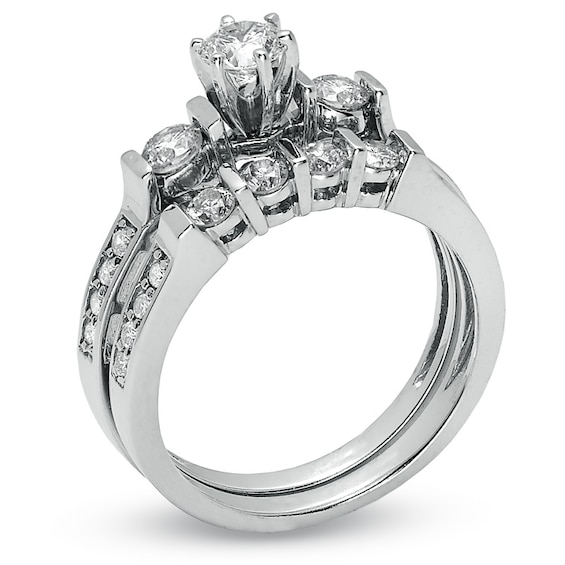 Previously Owned - 1 CT. T.w. Diamond Three Stone Bridal Set in 14K White Gold