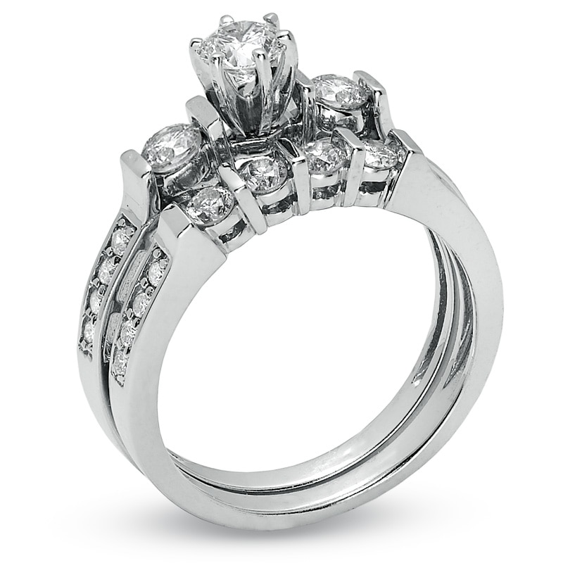 Main Image 2 of Previously Owned - 1 CT. T.W. Diamond Three Stone Bridal Set in 14K White Gold